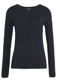 Marinblå långärmad kofta med rund halsringning och knäppning fram, stickad kvalitet, smal passform, små knappar.