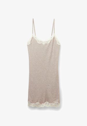 Light pink camisole made of soft cotton with thin straps, featuring a delicate white lace trim along the neckline and hem.