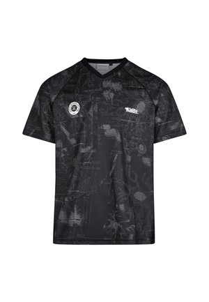 Black athletic shirt with a textured map pattern. Features a V-neck and logo accents on the chest. Made of smooth, lightweight fabric.