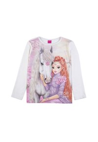 Long-sleeve white shirt featuring a graphic of a girl with long curly red hair and a gray horse, adorned with pink flowers and decorative accents.