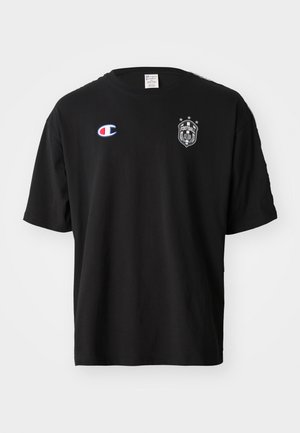 Black cotton t-shirt, crew neck, featuring a white logo with "FOOTBALL CLUB" and two stars above. Left chest displays a red and blue emblem.
