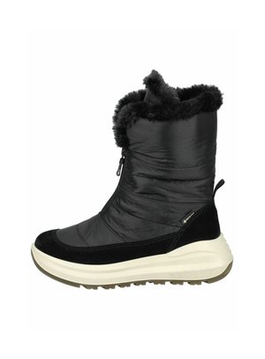 Black insulated ankle boot with faux fur trim, shiny nylon upper, and solid black suede accents. Thick white midsole and patterned sole.