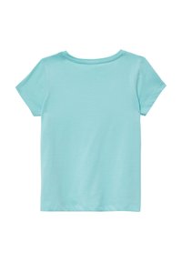 Lichtblauw T-shirt met korte mouwen gemaakt van katoen. Een soepele textuur met een klassieke ronde halslijn en een rechte zoom aan de onderkant.