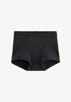 Schwarze Baumwollslips mit einer glatten Textur, hohem Bund und weit geschnittenen Beinausschnitten. Mit flachen Nähten für Komfort und minimalistischem Design.