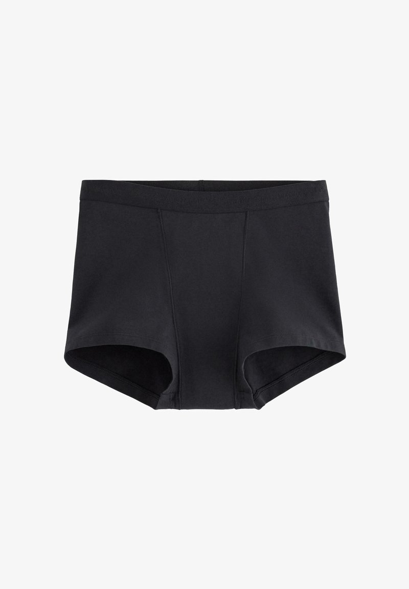 Czarne bawełniane majtki o gładkiej fakturze, z wysokim stanem i szerokimi nogawkami. Posiadają płaskie szwy dla wygody i minimalistyczny design.