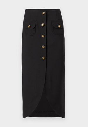 Czarna spódnica midi z przodu na złote guziki, dwie klapowe kieszenie z dopasowanymi złotymi guzikami oraz delikatnym rozcięciem z przodu.