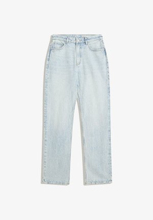 Jean en denim bleu clair taille haute, avec une coupe droite, un délavage subtil et un style classique à cinq poches avec une braguette zippée.