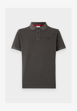 Tumši pelēks polo krekls, kas izgatavots no kokvilnas, ar klasisku apkakli, divu pogu aizdari, īsām piedurknēm un nelielu logo uz krūšu daļas.