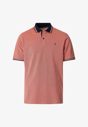 Kortærmet polo i laksefarvet lyserød med navy krave og stribet kant på ærmer og krave, knaplukning foran og lille logo på brystet.
