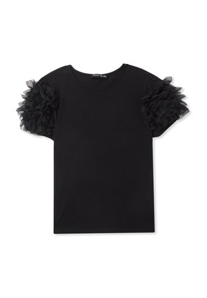 T-shirt nera a maniche corte con dettagli in tulle arricciato neri sulle spalle. Tessuto morbido e liscio con un classico scollo a girocollo.