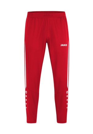 Rote Sporthosen aus leichtem Material, mit weißen Akzentstreifen an den Seiten und Knopfdetails an den Säumen.