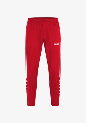 Rote Sporthosen aus leichtem Material, mit weißen Akzentstreifen an den Seiten und Knopfdetails an den Säumen.