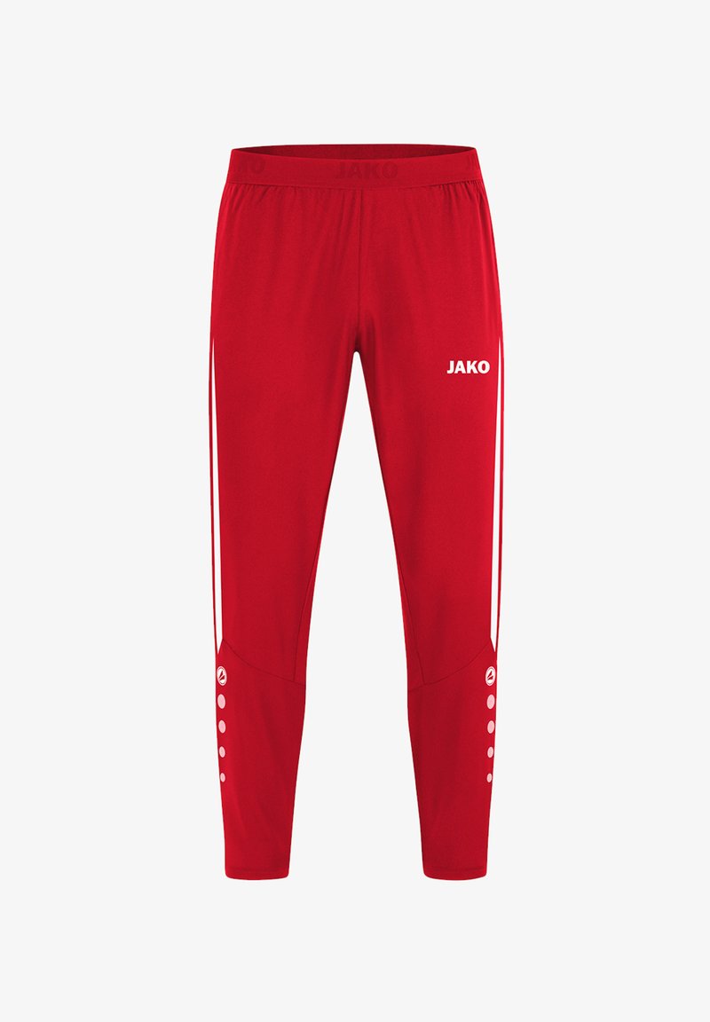 Rode sportieve broek van lichtgewicht materiaal, met witte accenten langs de zijkanten en knoopdetails bij de boorden.