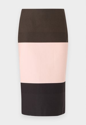 High-waist pencil skirt with wide horizontal color blocks in dark brown, pale pink, and black.