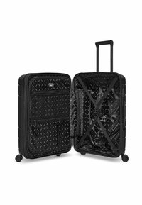Valigia rigida nera con un interno a motivo di diamante, tasche con zip, cinghie elastiche per il confezionamento e manico retrattile.