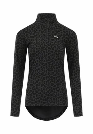 Schwarzes Langarmoberteil mit Leopardenmuster. Verfügt über einen Viertel-Reißverschluss-Kragen und einen abgerundeten Saum, hergestellt aus einem weichen, dehnbaren Material.