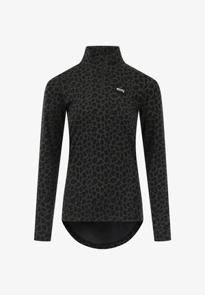 Haut à manches longues noir avec un motif léopard. Présente un col zippé quart et un ourlet incurvé, fabriqué à partir d'un matériau doux et extensible.