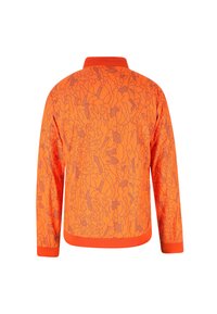 Giacca arancione con un motivo astratto testurizzato in arancione scuro. Presenta un colletto e polsini a coste con un orlo dritto.