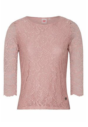 Helles rosa langärmliges Spitzenshirt mit rundem Ausschnitt, floralem Muster und schlanker Passform. Verfügt über ein kleines Markenetikett am Saum.
