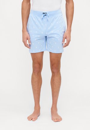 Light blue swim shorts with a drawstring waist, featuring a subtle repeated pattern of small white logos. Made of lightweight fabric.