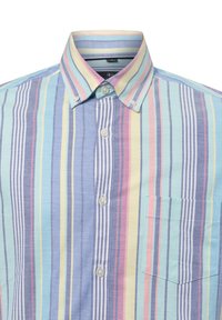 Herren Kurzarm-Hemd mit Knöpfen, das vertikale Streifen in Blau, Pink, Gelb und Grüntönen aufweist, aus Baumwollstoff besteht und eine Tasche auf der linken Brust hat.
