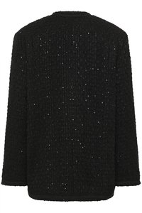 Černý strukturovaný svetr s volným střihem, se subtilními flitrovými akcenty, dlouhými rukávy a kulatým výstřihem. U hladkých okrajů.