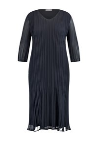 Námořnické plisované šaty s výstřihem do V, třičtvrtečním rukávem a volným střihem. Hladká textura s lehkým, vzdušným drapováním.