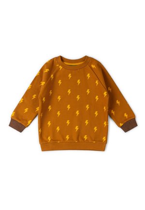 Rostfarbener Pullover mit langen Ärmeln, gelben Blitzmustern und kontrastierenden braunen Bündchen, entworfen für Kinder.