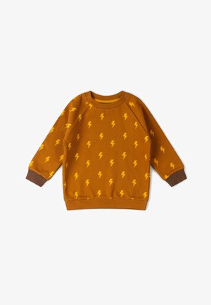 Rust-colored long-sleeve sweatshirt with yellow lightning bolt patterns and contrasting brown cuffs, designed for children.
