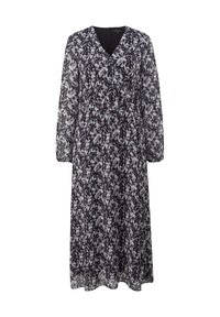 Robe midi à manches longues avec motif floral abstrait noir, blanc et violet clair et décolleté en V sur fond blanc.