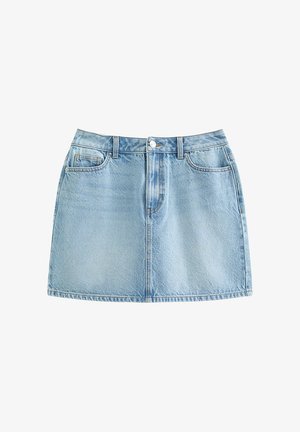 Hellblauer Jeansrock mit vorderer Knopfleiste und Reißverschluss, Gürtelschlaufen und zwei vorderen Taschen.