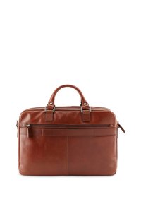 Brown leather briefcase with two top handles, a front zip pocket, and a sleek rectangular shape. Features minimal stitching and trim accents.