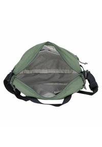 Green fabric bag with a zipper closure, interior mesh pocket, and black adjustable strap. Smooth texture and rounded shape.