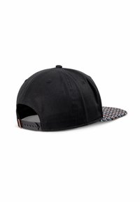 Black cap with a structured crown and patterned brim featuring multicolored geometric designs. Adjustable strap at the back.