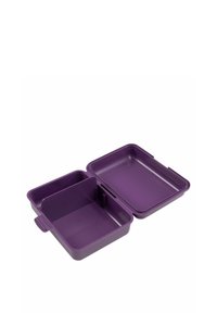 Scatola per il pranzo in plastica viola con due scomparti, un divisore removibile e un coperchio sicuro. Texture liscia e forma rettangolare.