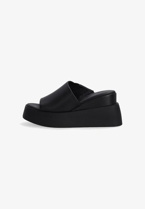 Black platform sandals with a smooth leather upper and open toe design. Features a thick, solid sole for added height and stability.