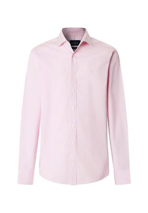 Herreslangærmet skræddersyet lyserød skjorte med lette lodrette striber og manchetter med knapper.