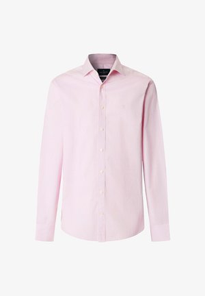 Camicia da uomo a maniche lunghe sartoriale rosa chiaro con sottili righe verticali e polsini con bottoni.