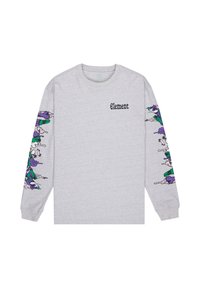 Hellgraues Langarmshirt mit schwarzem "Element"-Text auf der Brust und bunten abstrakten Mustern in Lila, Grün und Weiß an beiden Ärmeln.