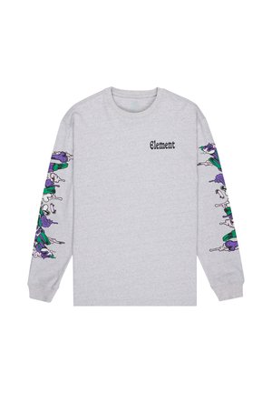 Light gray long-sleeve shirt with black "Element" text on chest and colorful purple, green, and white abstract patterns down both sleeves.