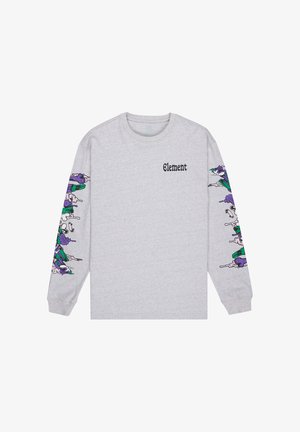 Maglietta grigia chiara a maniche lunghe con testo nero "Element" sul petto e motivi astratti colorati in viola, verde e bianco lungo entrambe le maniche.