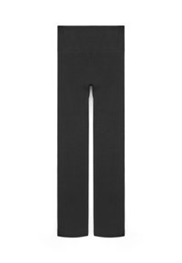 Leggings neri a vita alta, senza cuciture, con gambe lunghe, progettati per una vestibilità aderente e liscia.