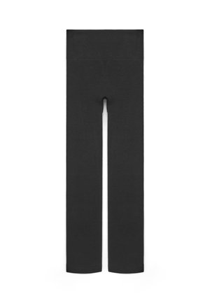 Leggings neri a vita alta, senza cuciture, con gambe lunghe, progettati per una vestibilità aderente e liscia.
