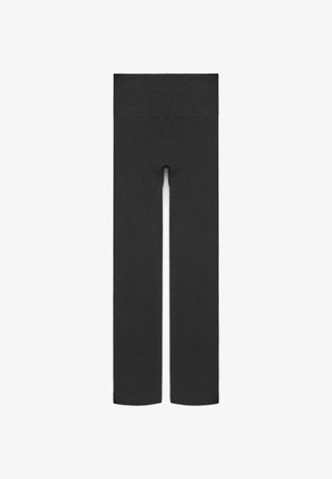 Leggings neri a vita alta, senza cuciture, con gambe lunghe, progettati per una vestibilità aderente e liscia.