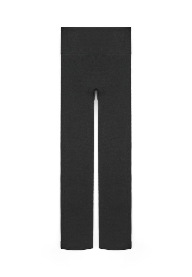 Leggings neri a vita alta, senza cuciture, con gambe lunghe, progettati per una vestibilità aderente e liscia.