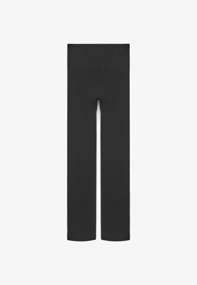 Leggings neri a vita alta, senza cuciture, con gambe lunghe, progettati per una vestibilità aderente e liscia.