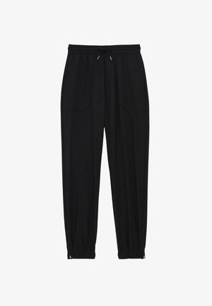 Schwarze Jogginghosen aus weichem Stoff mit elastischem Bund und Kordelzug, zwei Fronttaschen und Reißverschlussbündchen.