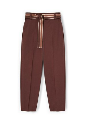 Hnědé kalhoty s vysokým pasem, předními sklady a pásem z pruhované látky se stříbrnou sponou ve tvaru D.