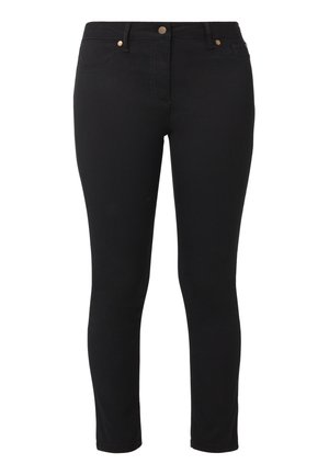Juodos liesos džinsai, pagaminti iš lygaus, tampraus audinio. Savybės: vidutinio aukščio liemuo, penkių kišenių dizainas ir aukso spalvos detalės.