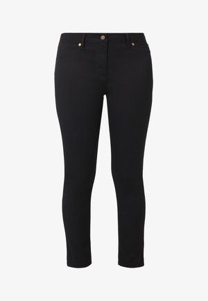 Juodos liesos džinsai, pagaminti iš lygaus, tampraus audinio. Savybės: vidutinio aukščio liemuo, penkių kišenių dizainas ir aukso spalvos detalės.